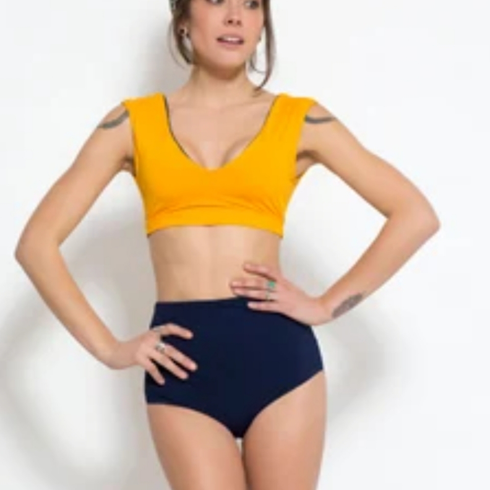 NWT Wide Strap High Wist Bikini Swimsuit Navy Blue And Yellow 42 Beacha 12 pinup
